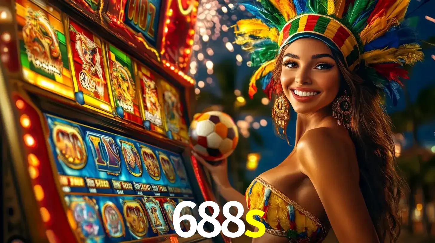 Mulher com um cocar de carnaval ao lado de uma máquina de caça-níqueis enquanto segura uma bola de futebol, mostrando a união da diversão de cassino e esportes no 688s.