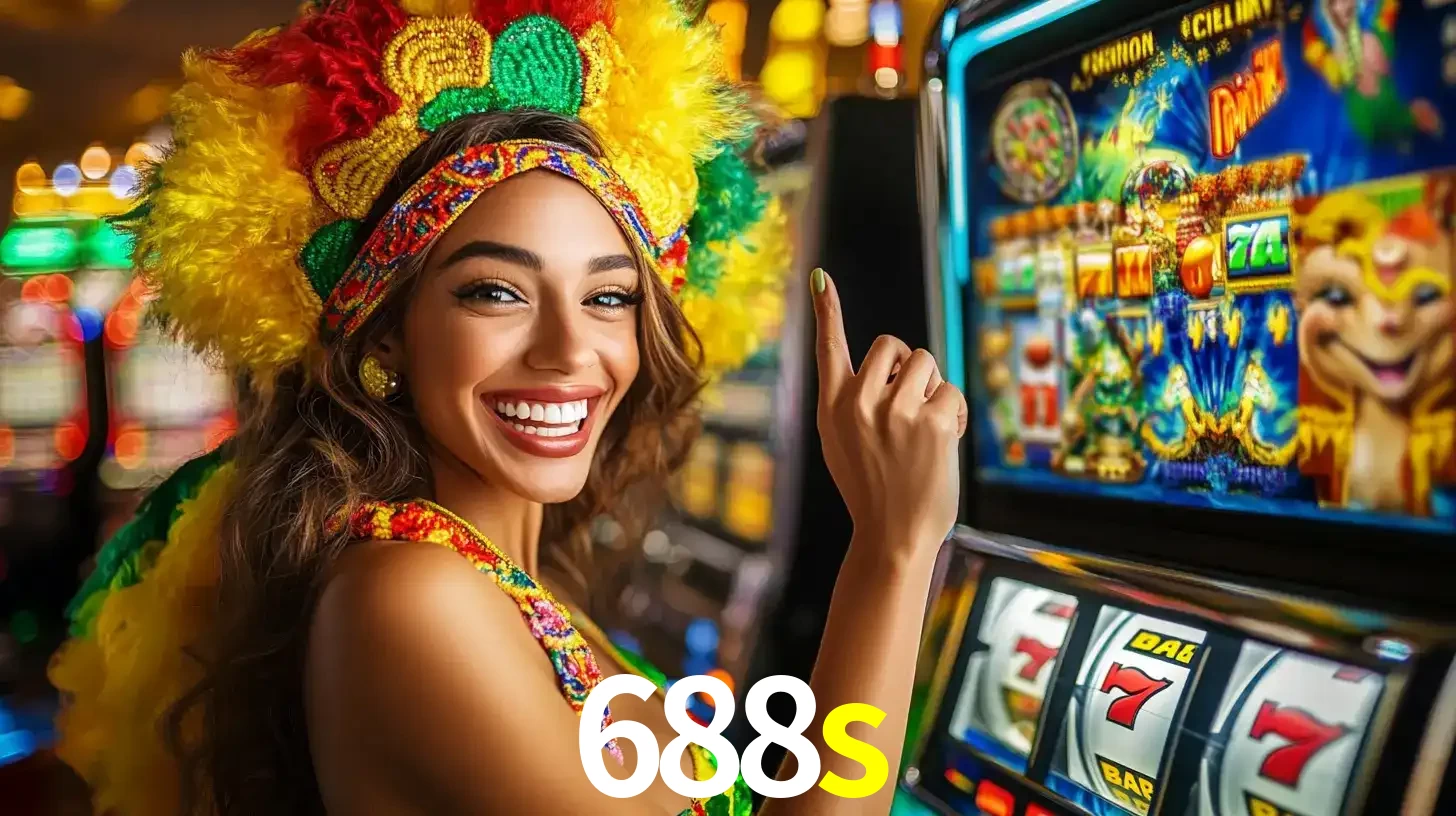 Mulher animada com um cocar de carnaval apontando para uma máquina de caça-níqueis, mostrando a emoção de ganhar um grande prêmio nos jogos do 688s.