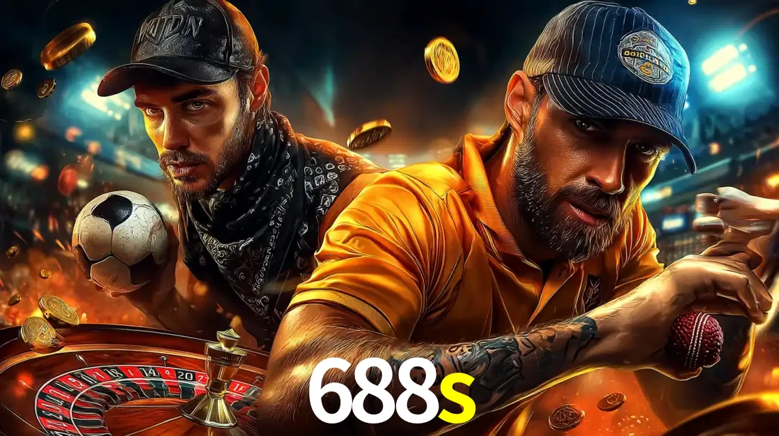 Montagem de apostas esportivas e cassino no 688s, com um homem segurando uma bola de futebol e outro uma de beisebol sobre uma roleta e moedas voadoras.